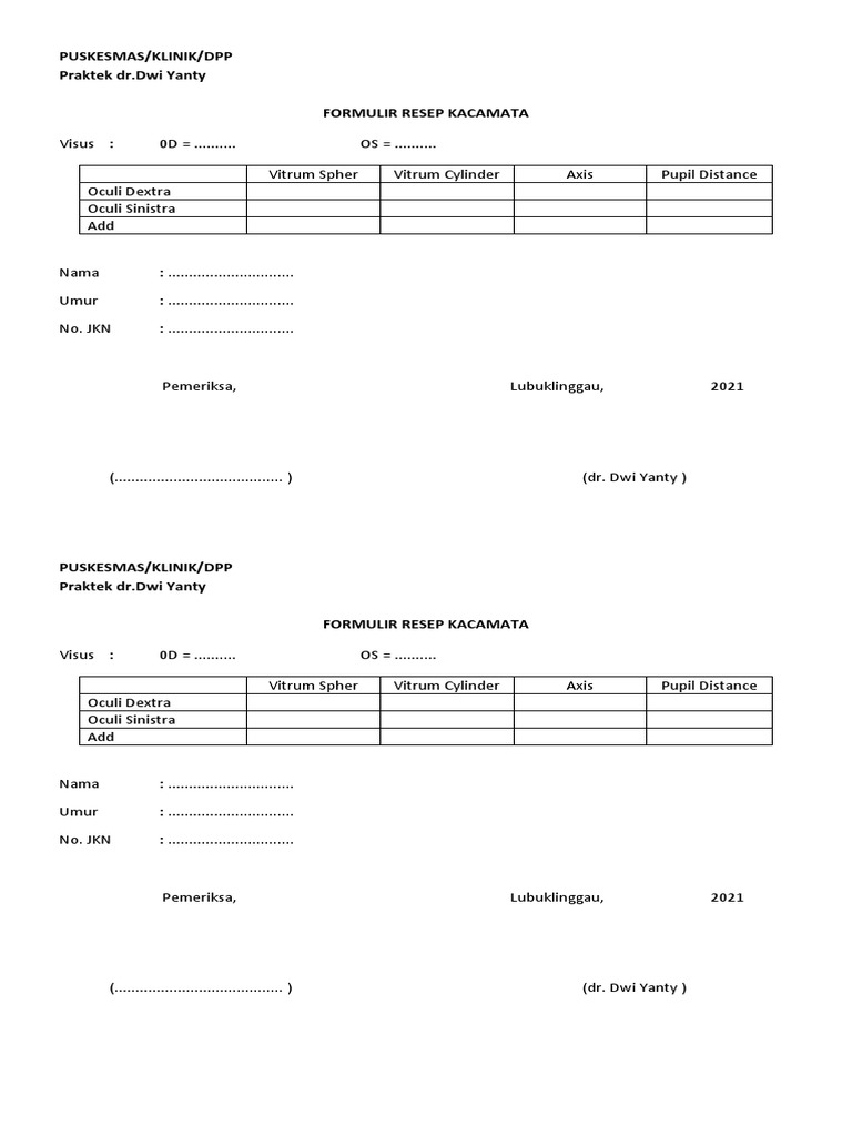 Formulir Resep Kacamata Dr. Dwi Yanty | PDF | Sains & Matematika