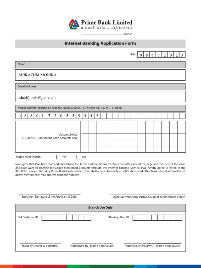 Prime Bank Internet Banking Form | PDF | Online Banking | Banks & Banking