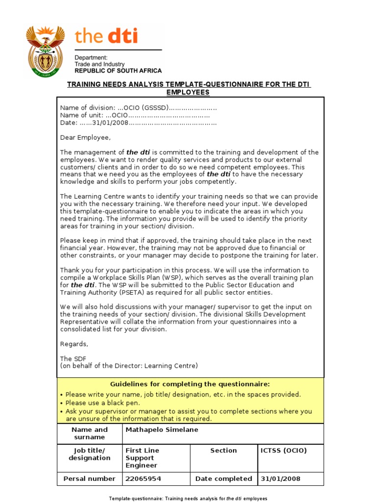 Training Needs Analysis Questionnaire | PDF | Business