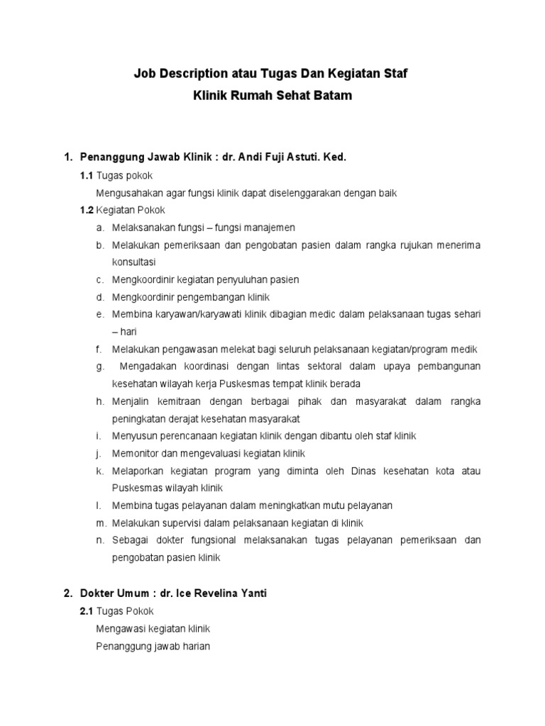 Job Description Atau Tugas Dan Kegiatan Staf | PDF