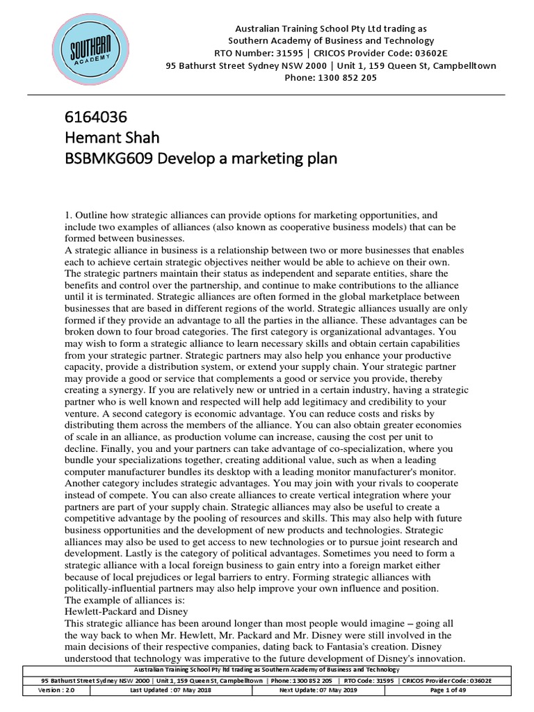 bsbmkg609 develop a marketing plan assignment