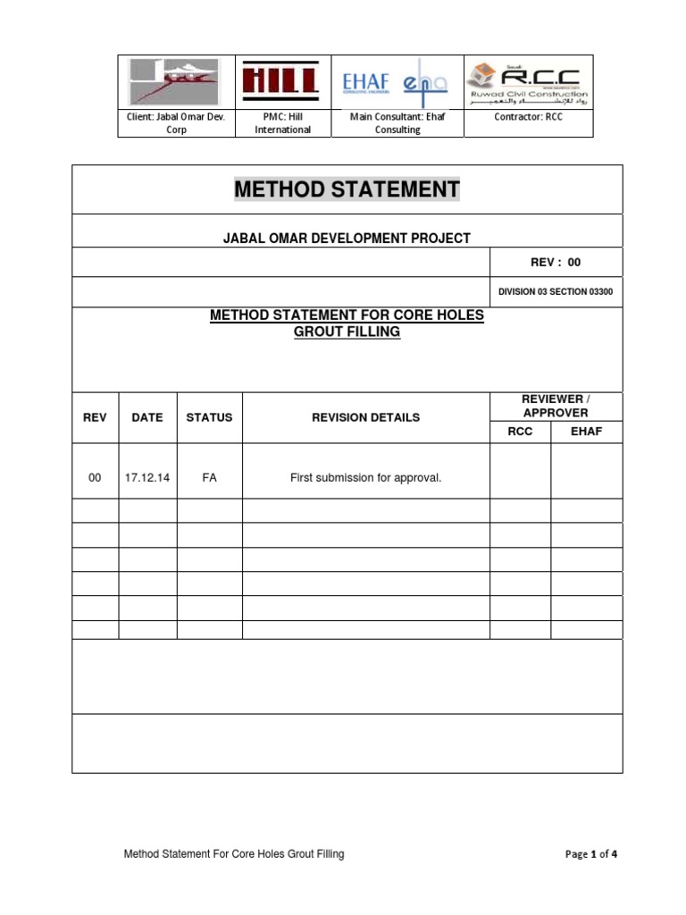 Method Statement Core Holes Grout Filling PDF Business