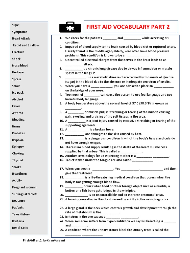 First Aid Vocabulary Part 2 Answers | PDF | Blood | Myocardial Infarction