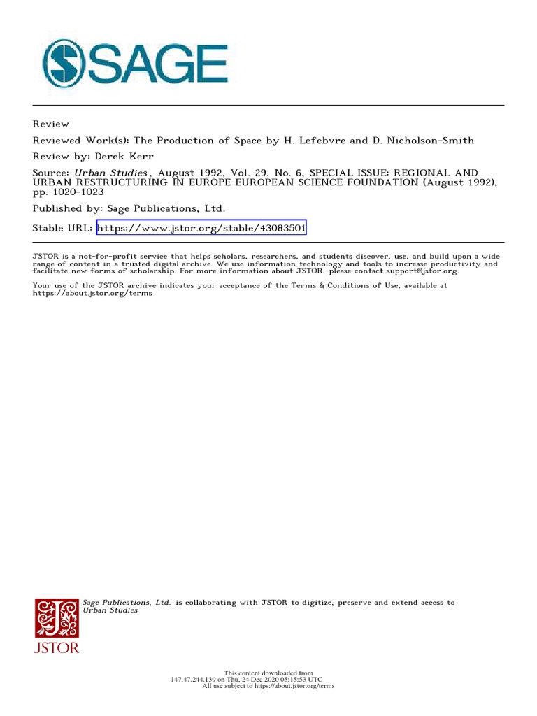 Lefebvre ConceivedPercievedLived Space Review PDF PDF Space