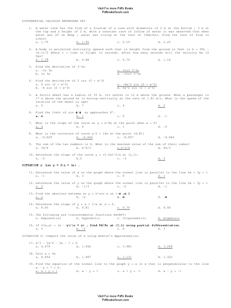 Differential Calculus Refresher Set PDF Derivative Volume