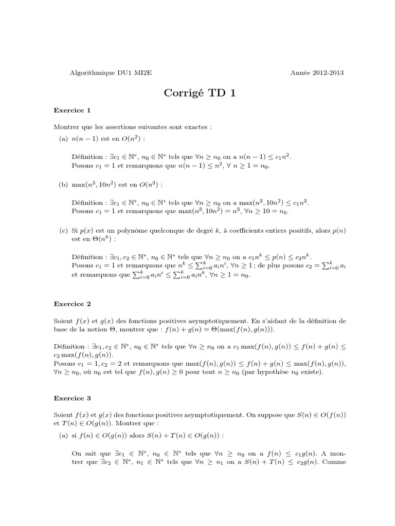 Corrigé TD 1 : Algorithmique et Complexité | PDF | Algorithmes ...
