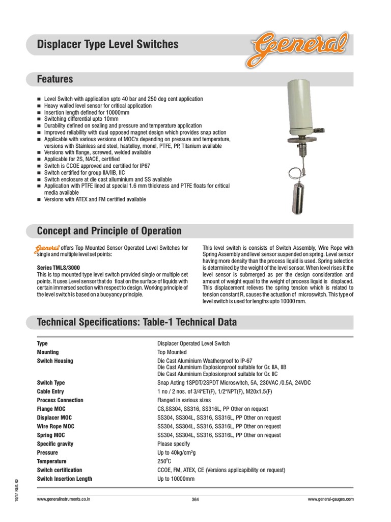 Displacer Type Level Switches: Features | PDF | Buoyancy | Metrology