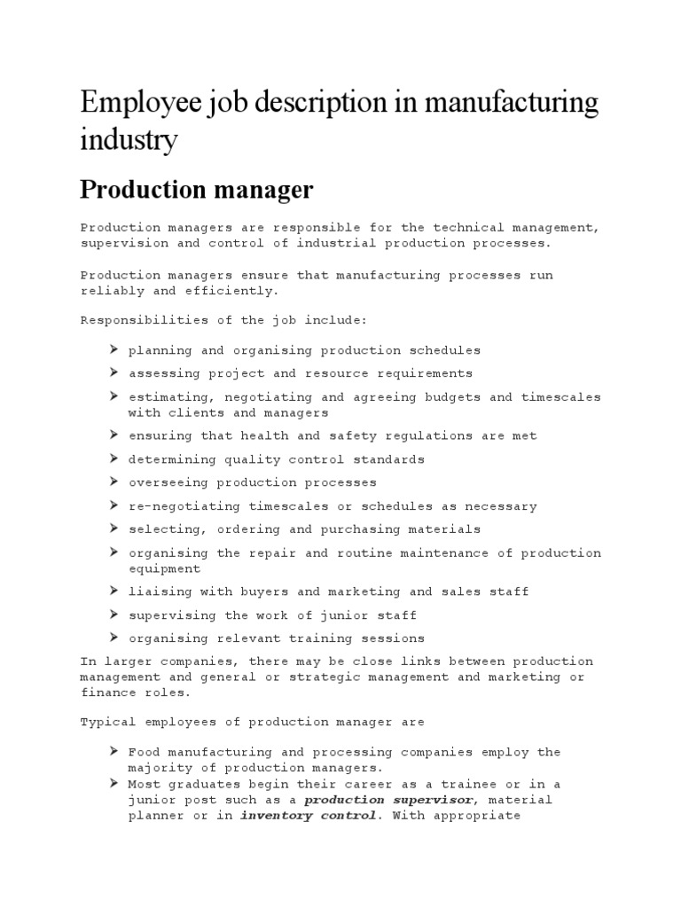 Manufacturing Job Descriptions Overview | PDF | Economies | Accounting ...