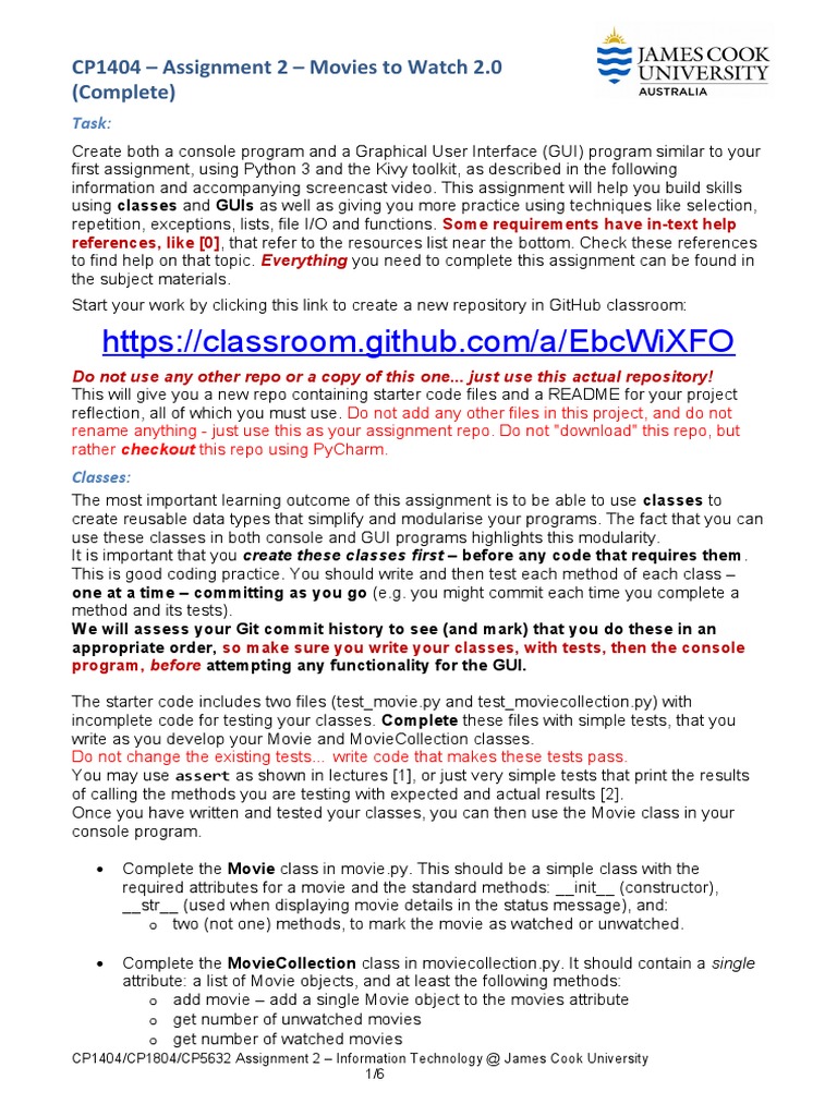 CP1404 - Assignment 2 - Movies To Watch 2.0 (Complete) : Task | PDF ...
