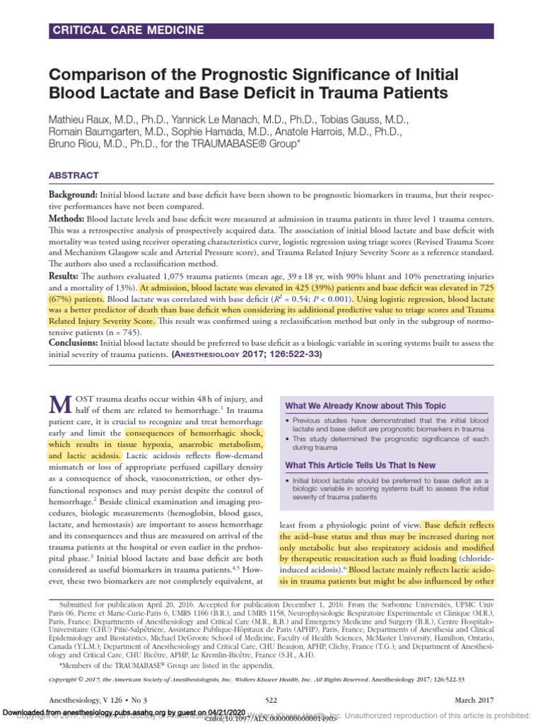 Comparison of The Prognostic Significance of Initial Blood Lactate and