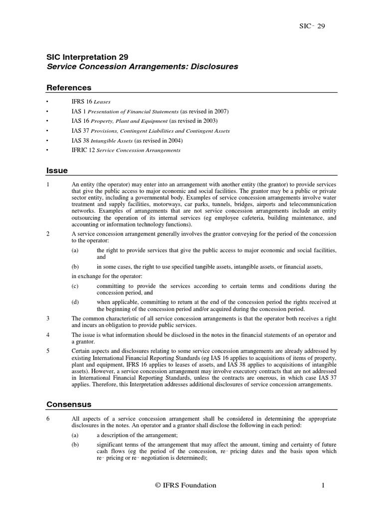 Service Concession Arrangements Disclosures SIC Interpretation 29