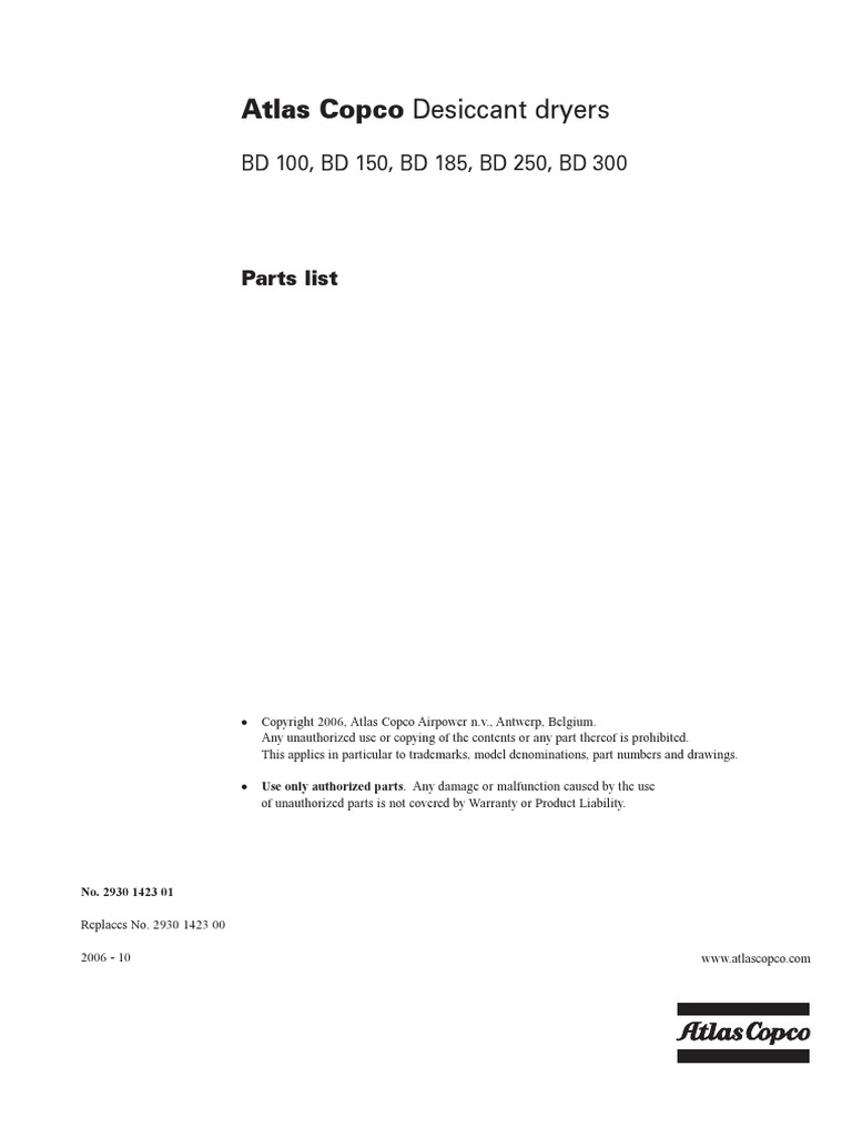 Atlas Copco Desiccant Dryers BD 100, BD 150, BD 185, BD 250, BD 300