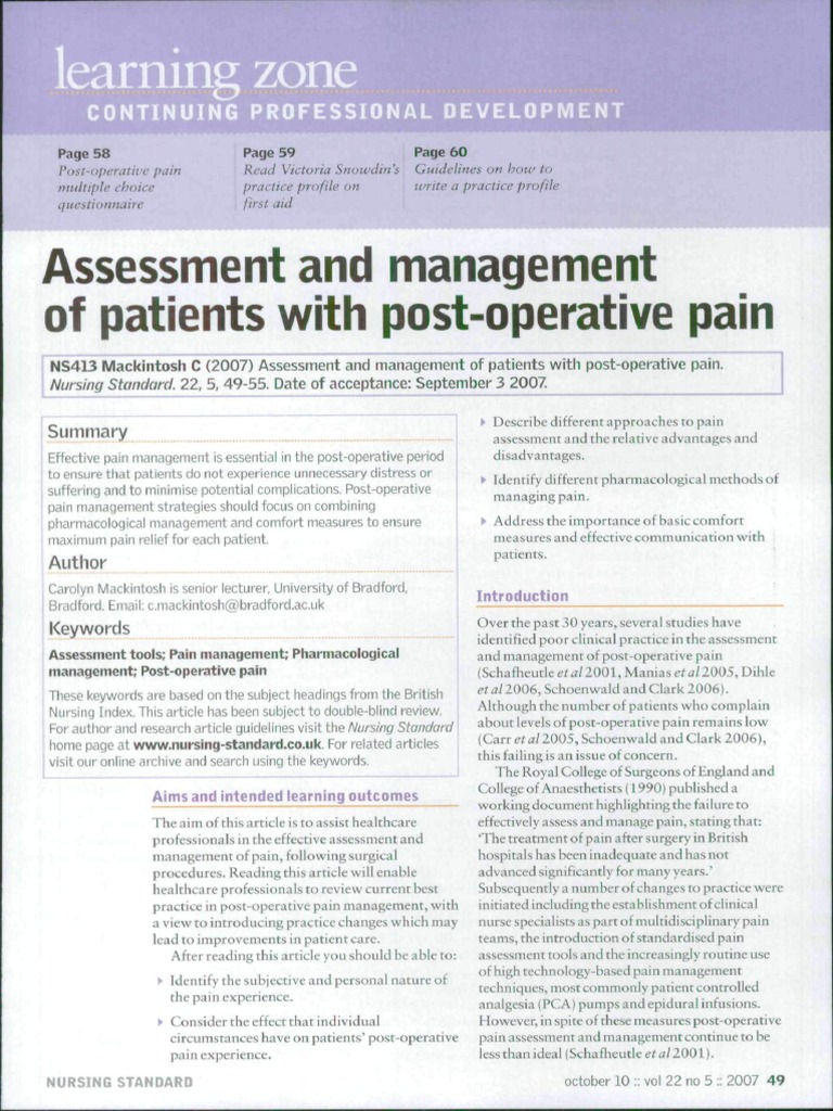 Assessing and managing post-operative pain | PDF | Analgesic | Opioid