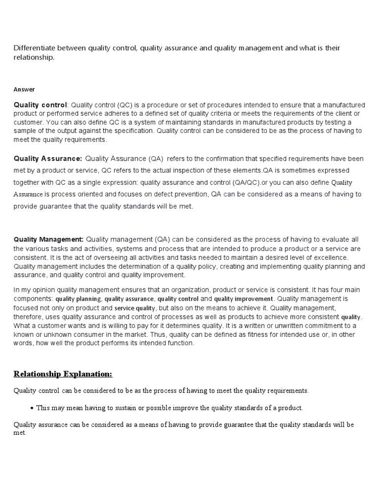 Differentiate Between Quality Control | PDF | Quality Assurance ...