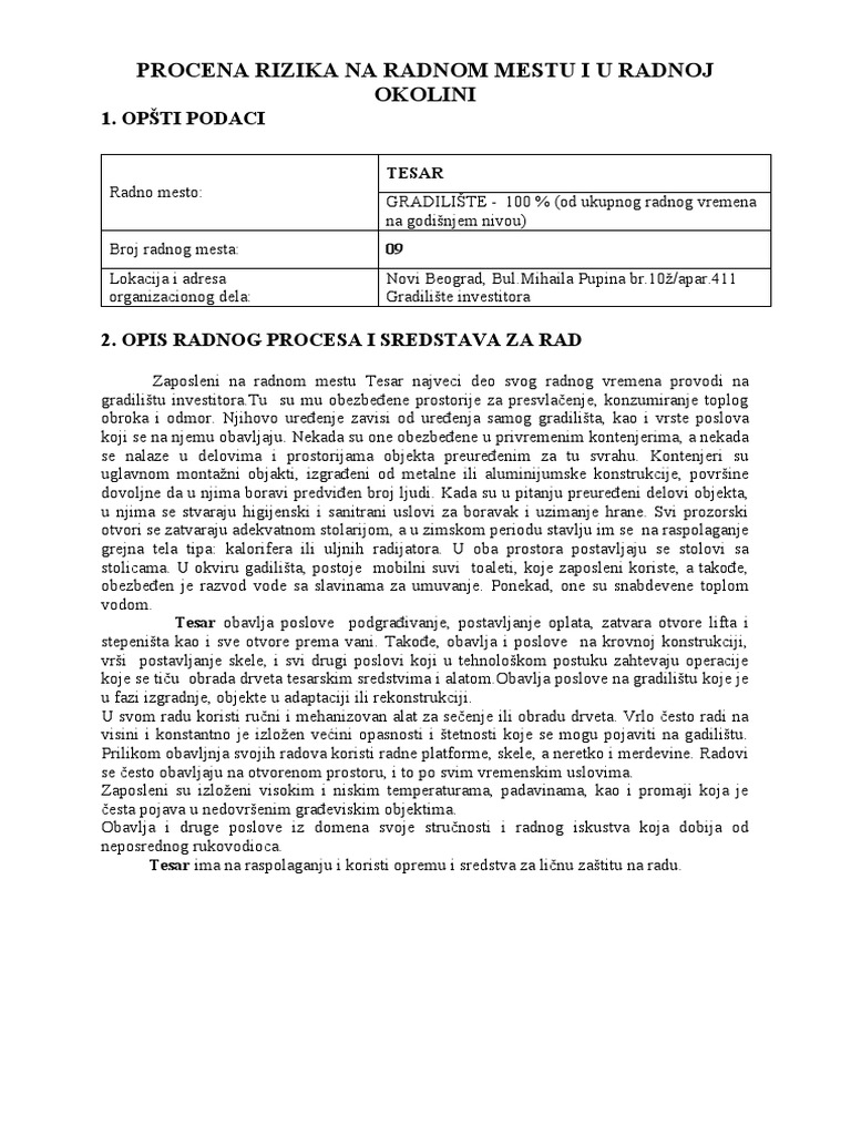 Procena Rizika Za Tesara | PDF