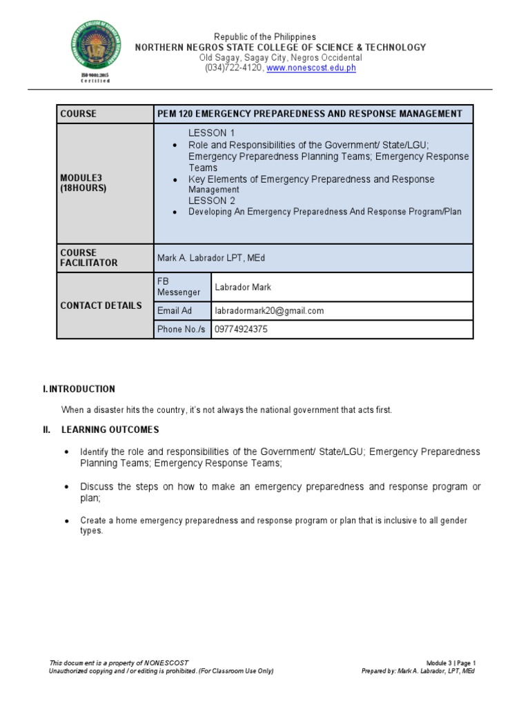 Module 3 Emergency Preparedness And Response Management Pdf