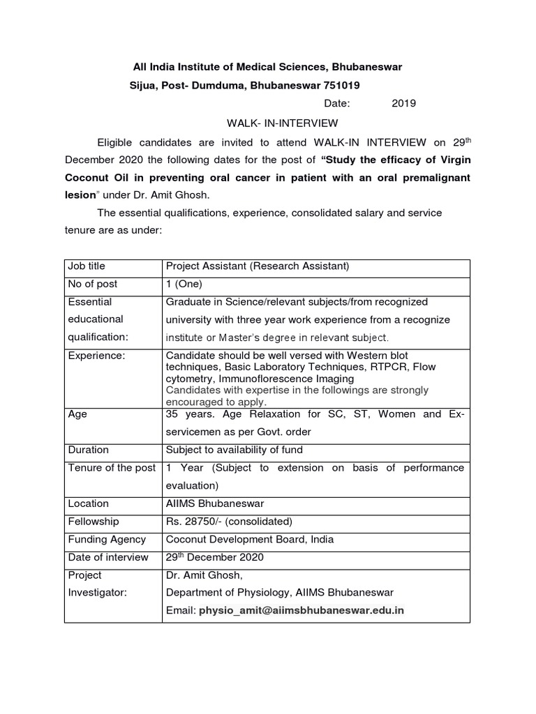 AIIMS Bhubaneswar Walk-In Interview for Research Assistant | PDF ...