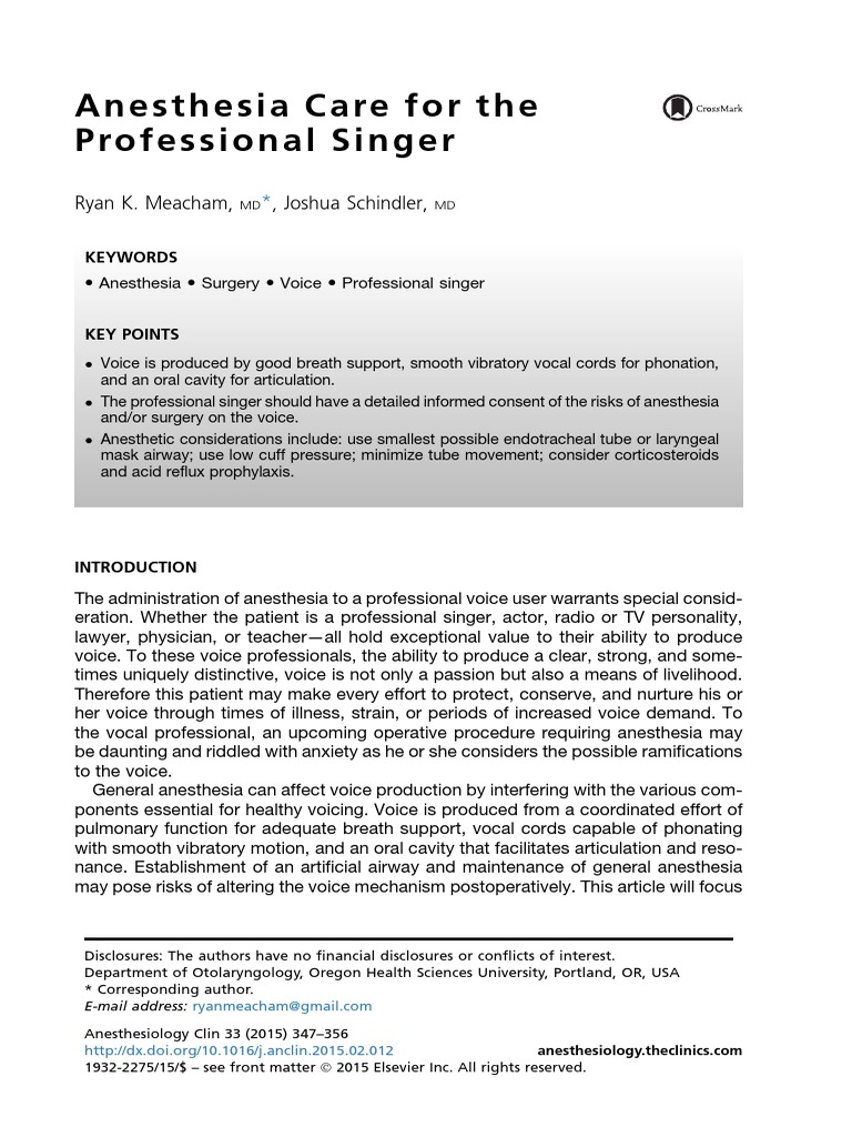 Anesthesia Considerations for Singers | PDF | Larynx | Human Voice