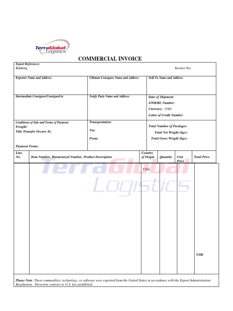 Commercial Invoice Template for Export | PDF