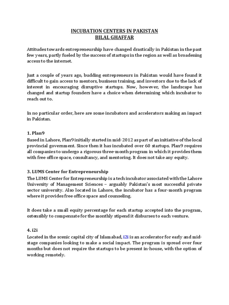 Incubation Centers in Pakistan PDF Business Incubator Startup Company