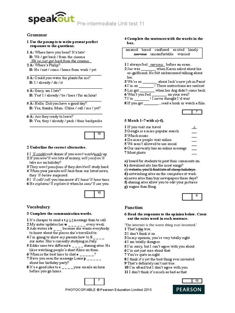 Pre-Intermediate Unit Test 11: Grammar | PDF | Communication | Internet