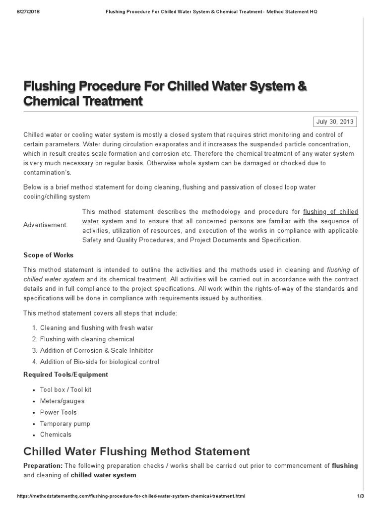 Flushing Procedure For Chilled Water System Chemical Treatment