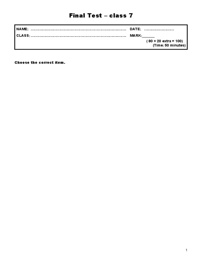 Class 7 Final Test Questions | PDF