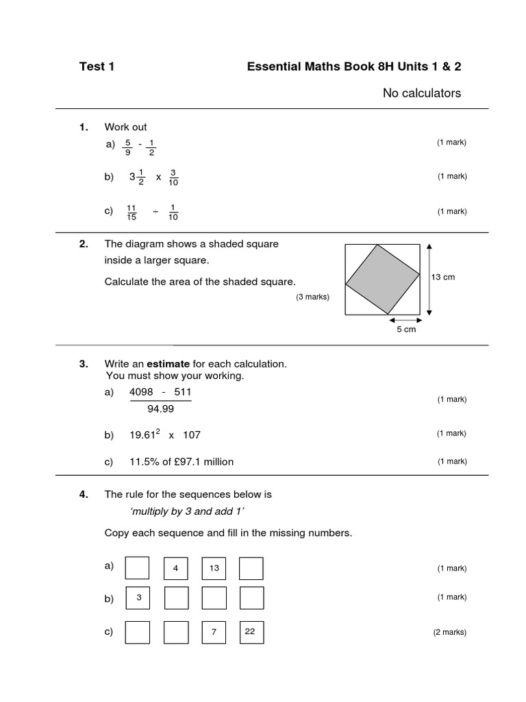 Essential Maths 8H Test 1 PDF | PDF | Area | Elementary Mathematics