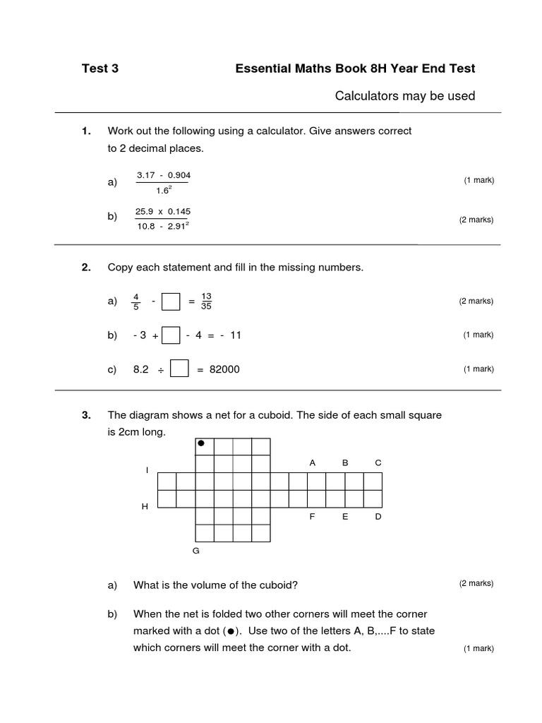Essential Maths 8H Test 3 PDF PDF Area Space