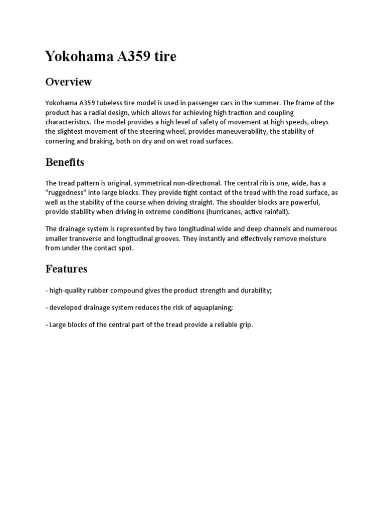 Yokohama A359 Tire Overview and Benefits | PDF