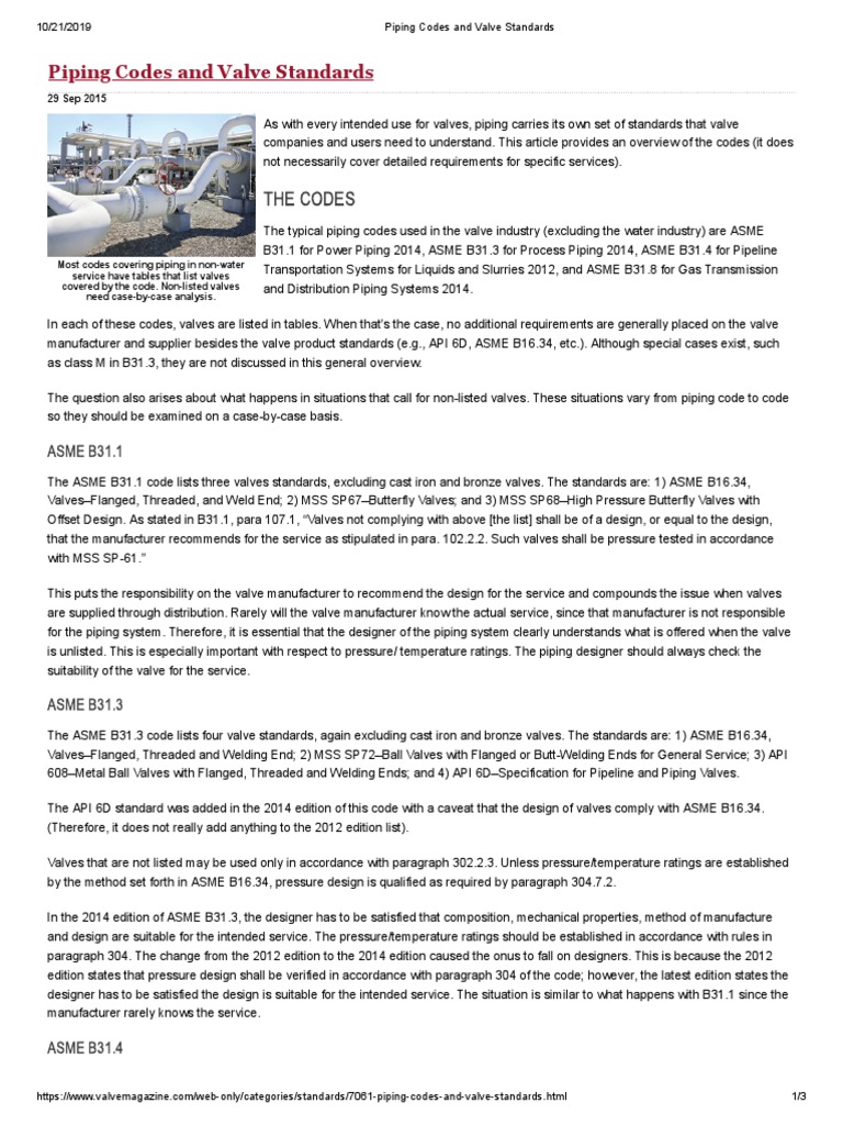 Piping Codes and Valve Standards PDF PDF Pipe (Fluid Conveyance