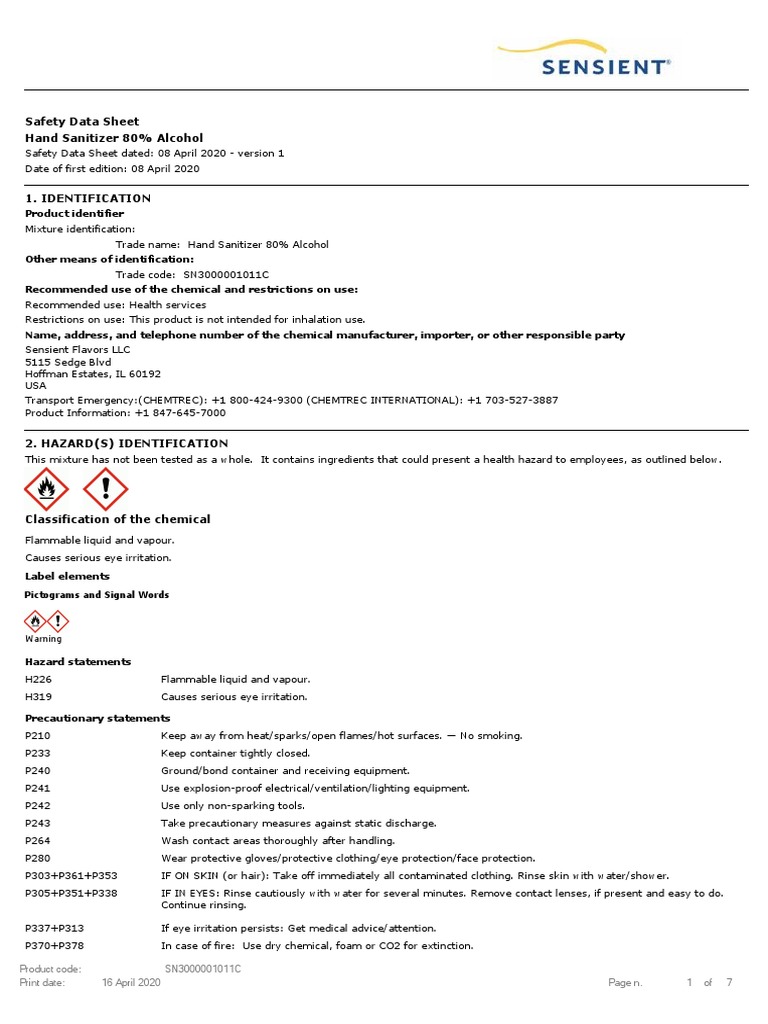 MSDS For SensientflavorsHandSanitizerSds PDF Dangerous Goods