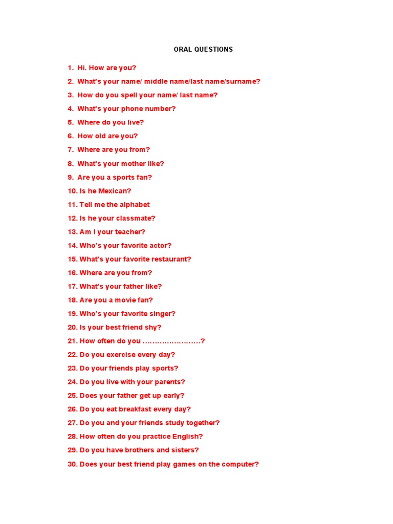 Essential Oral Questions for Students | PDF