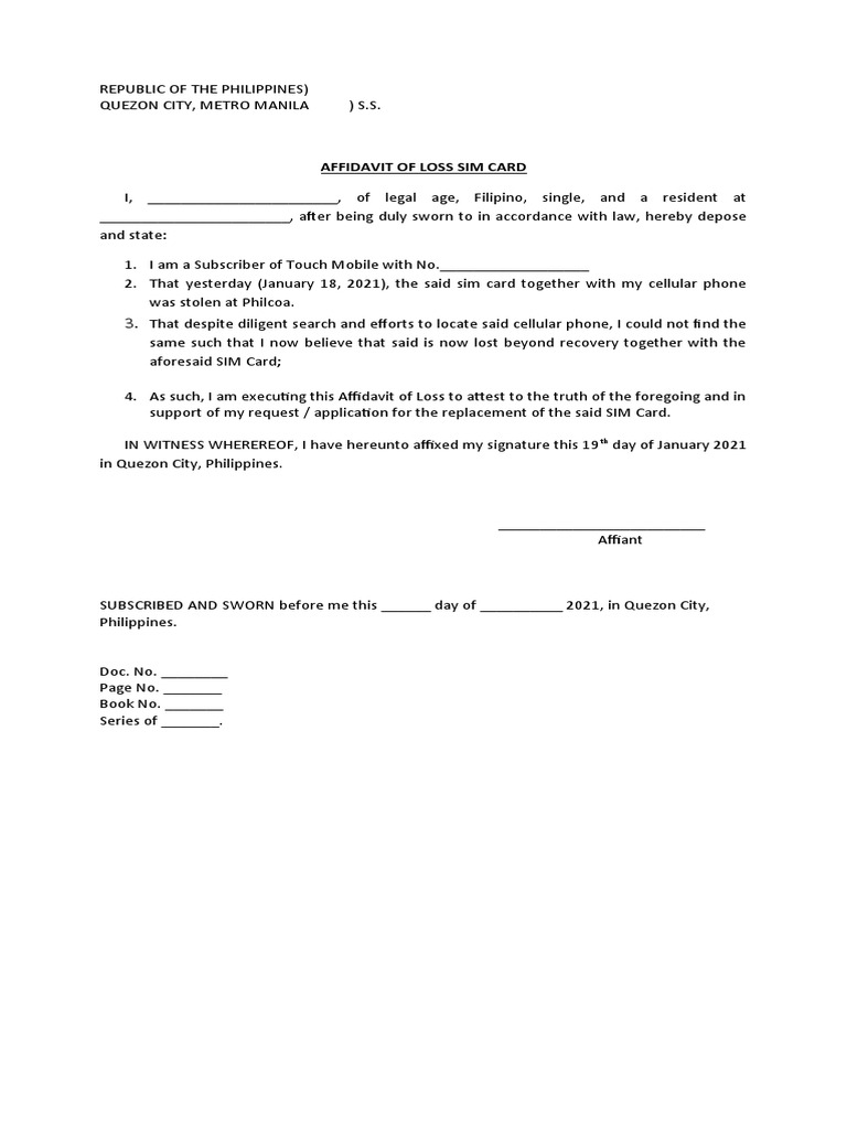 Affidavit of Loss Sim Card | PDF