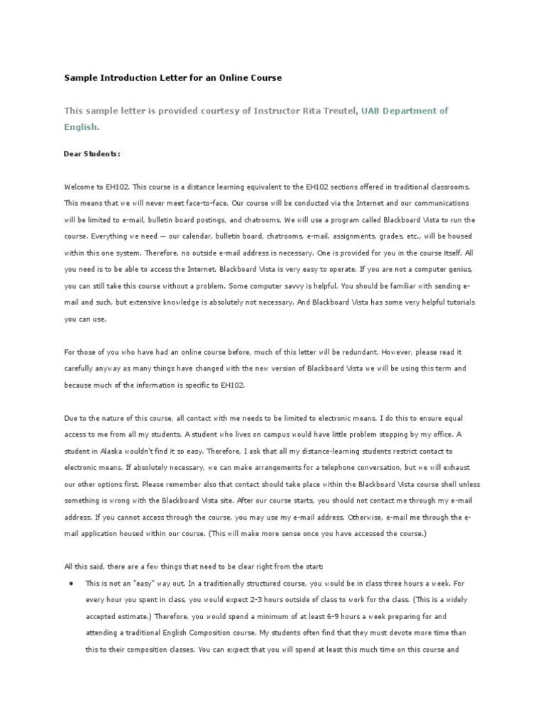 Sample Introduction Letter For An Online Course | PDF | Educational ...