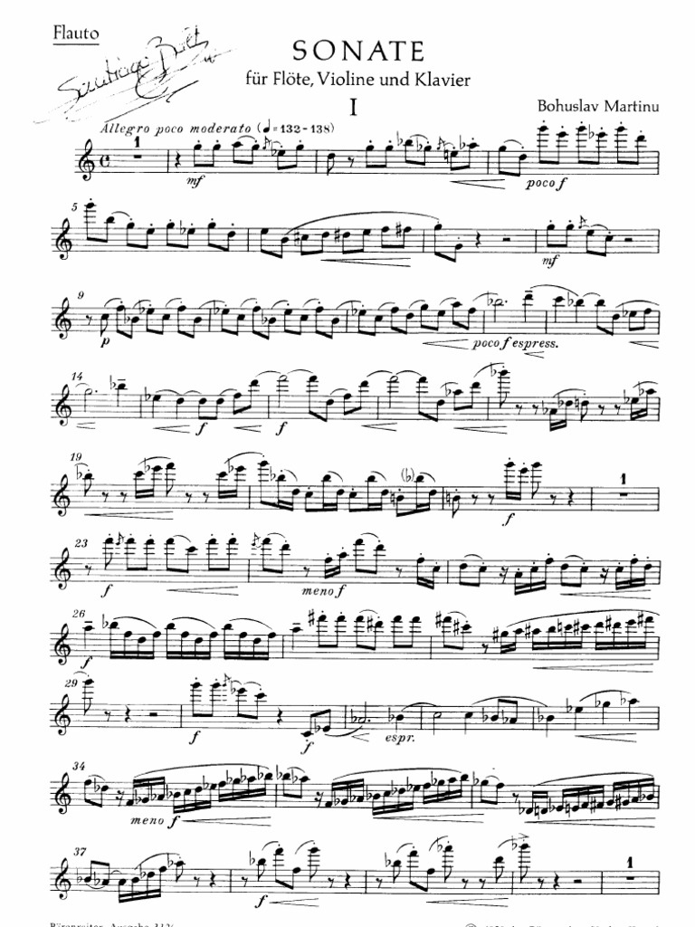 Martinu Sonata for Flute Violin and Piano Flute part Tempo Notación