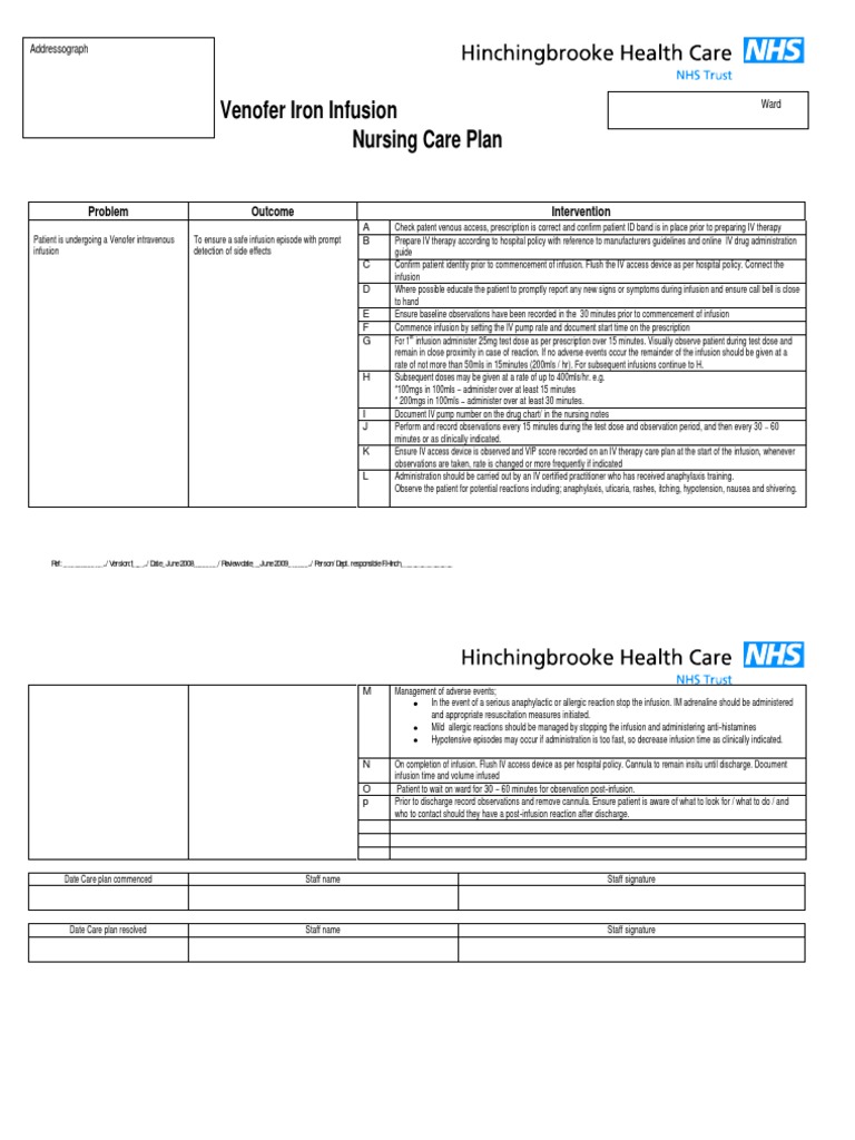 Venofer Venofer Iron Infusion Nursing Care Plan PDF Intravenous