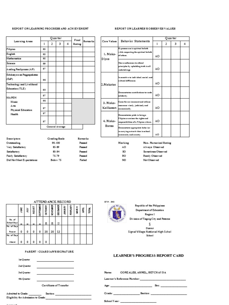 Sf 9 Jhs Learner S Progress Report Card B Pdf Value Ethics
