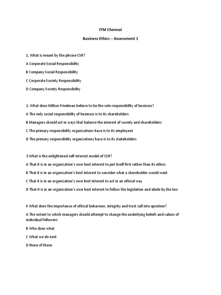 Assesment 1 Questions | PDF | Corporate Social Responsibility | Business
