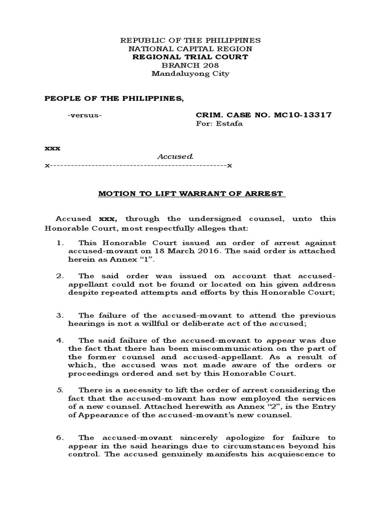 Motion To Lift Warrant of Arrest SALAYSAY PDF Government