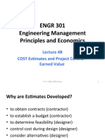 ENGR 301 Engineering Management Principles and Economics: Lecture 4B COST Estimates and Project Control - Earned Value