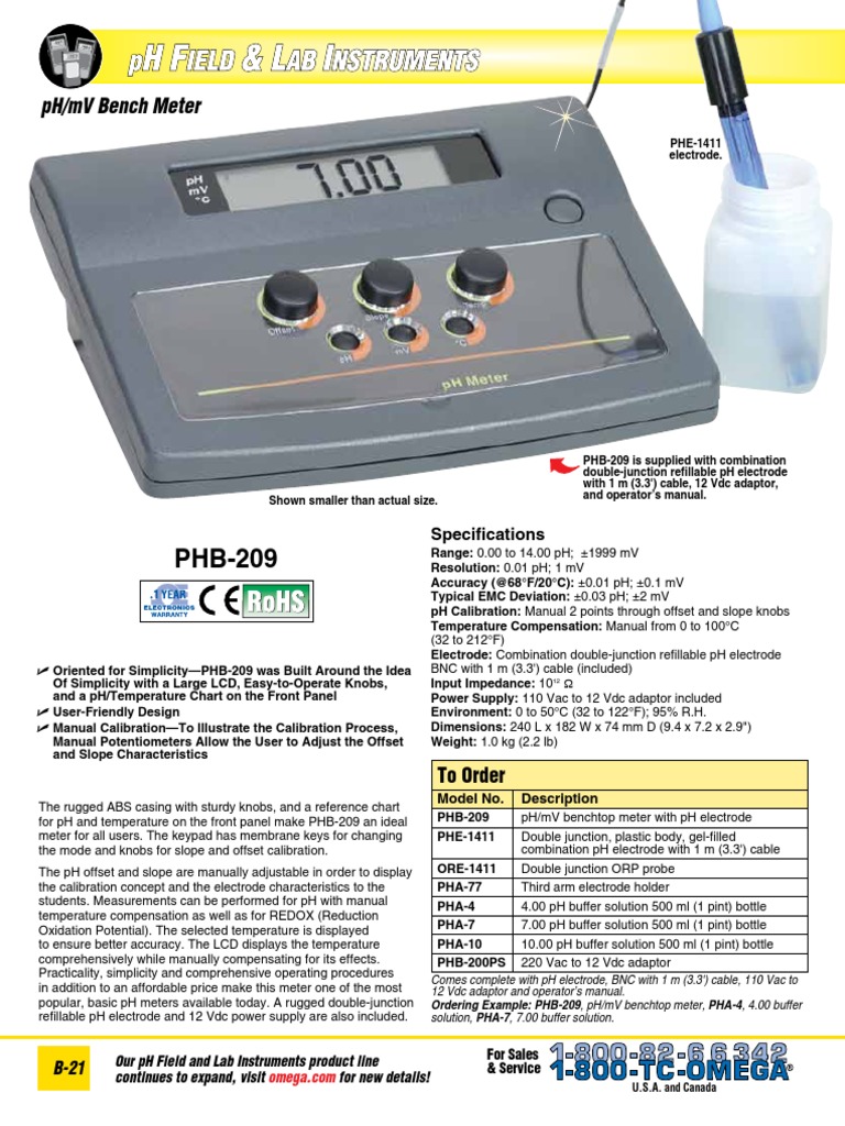 pH/mV Bench Meter PHE1411 Product Specifications and Operating