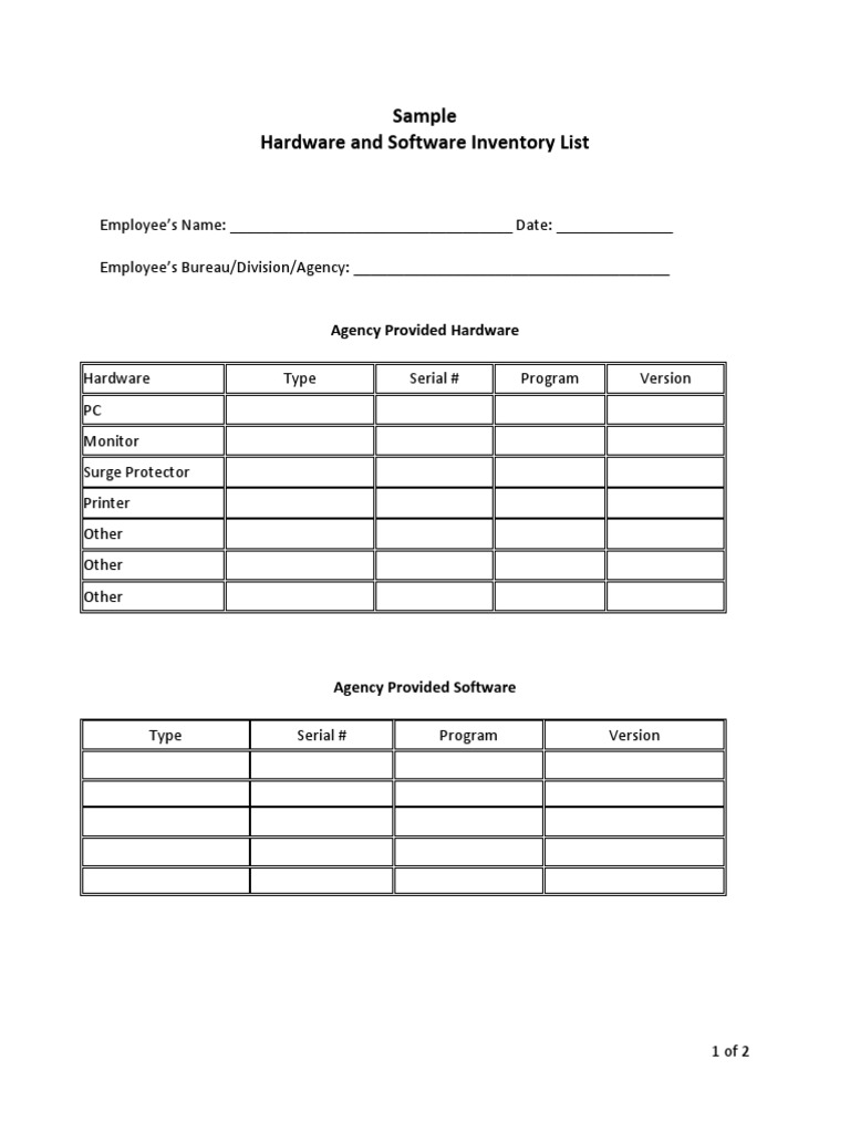 Sample Hardware and Software Inventory List PDF