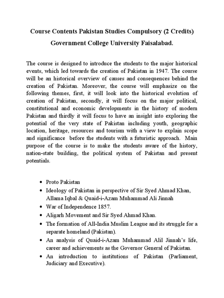 Outline Pakistan Studies Compulsory | PDF
