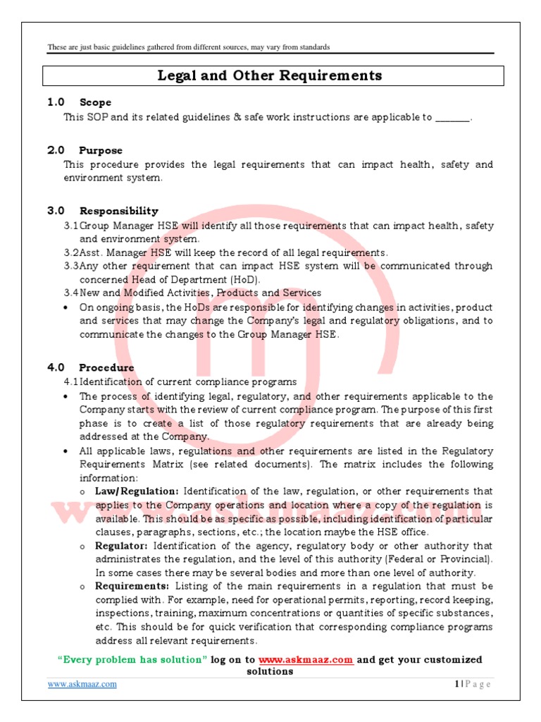 Sample SOP For Legal and Other Requirements PDF | PDF | Regulatory ...