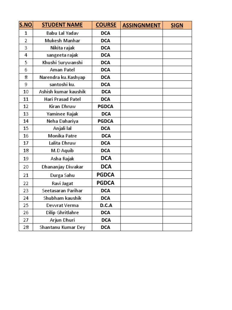 S.NO. Student Name Course Assingnment Sign: DCA DCA DCA DCA DCA DCA DCA ...