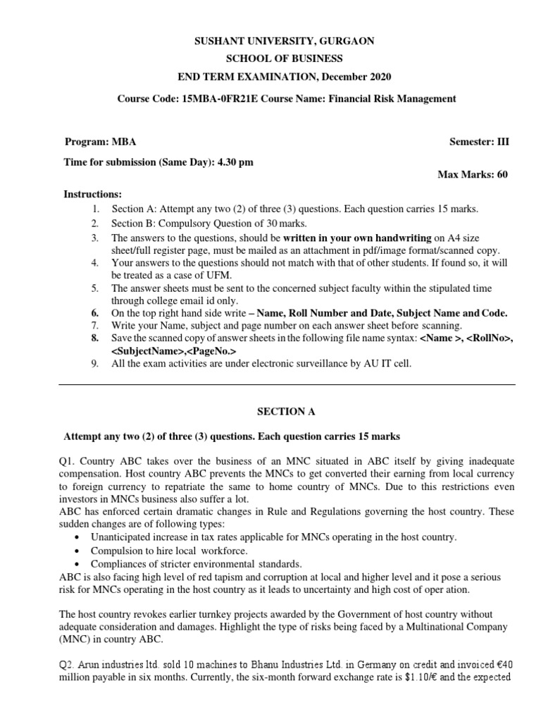 MBA Financial Risk Management Exam Guide | PDF | Credit | Finance ...