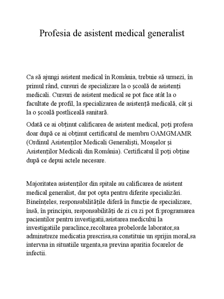 Profesia de Asistent Medical Generalist | PDF