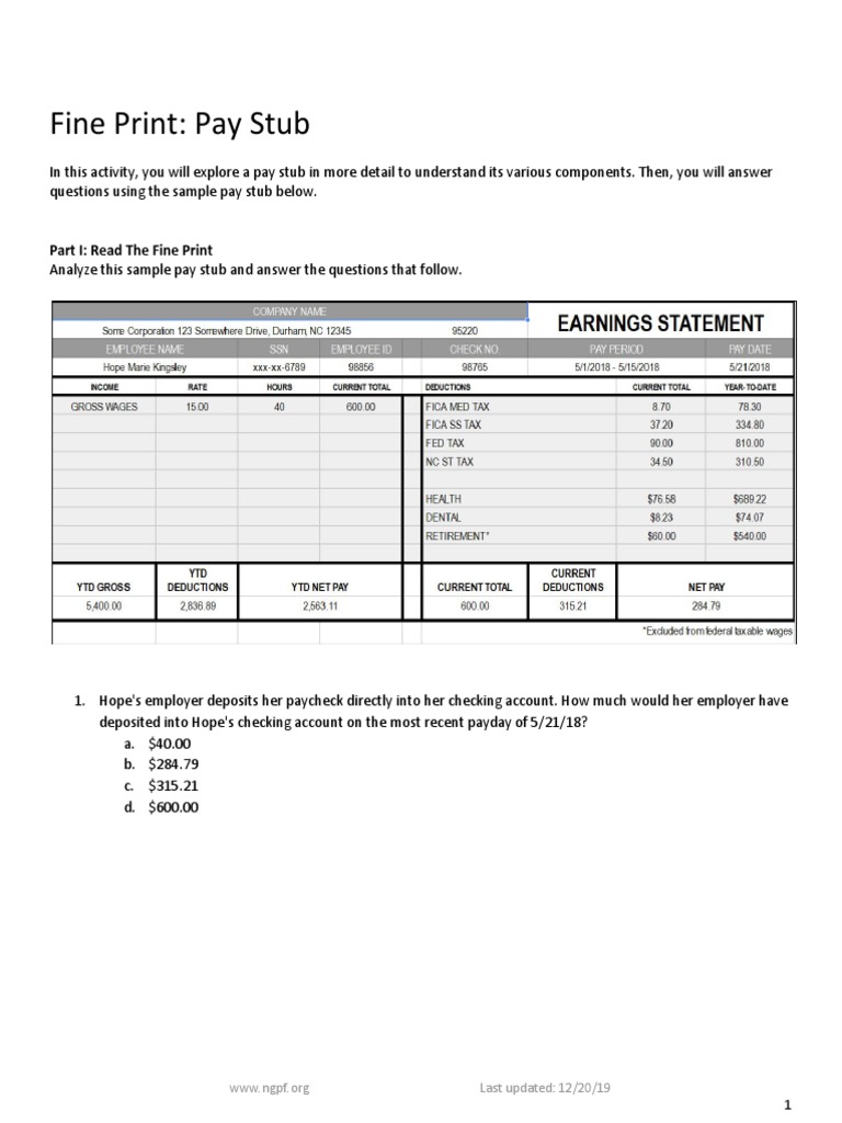 Pay Stub Worksheet  PDF  Paycheck  Payroll With Reading A Pay Stub Worksheet