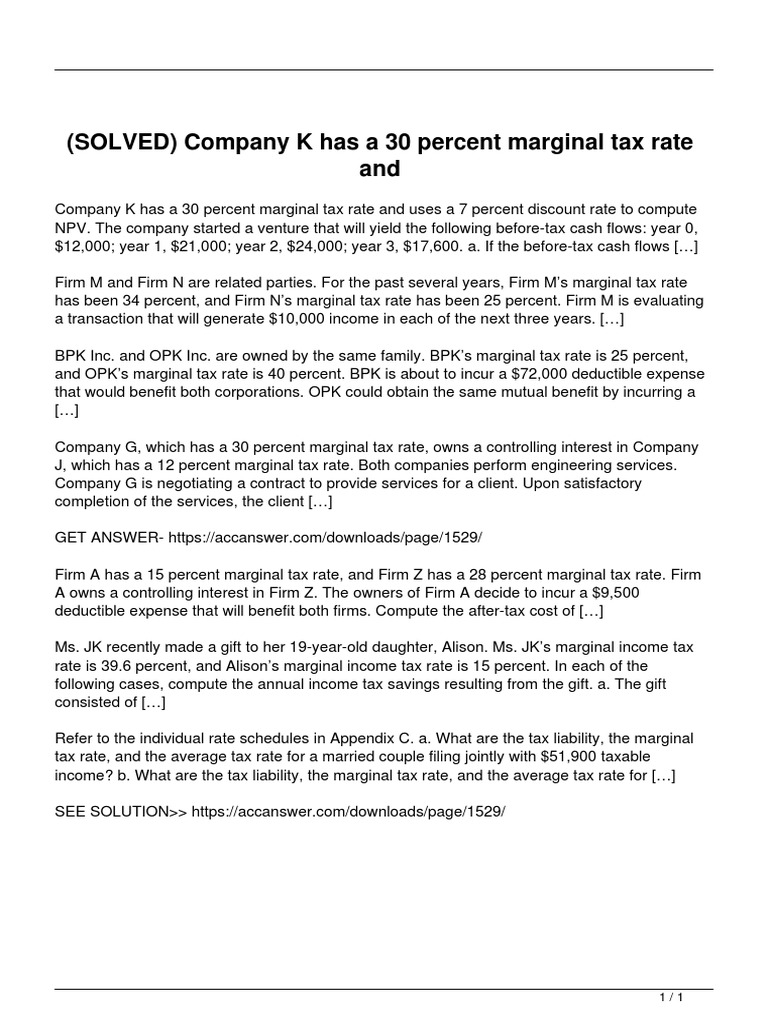 Solved Company K Has A 30 Percent Marginal Tax Rate and PDF PDF Tax